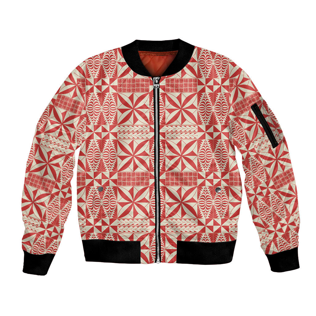Red Ngatu Pattern Malo e Lelei Tonga Sleeve Zip Bomber Jacket