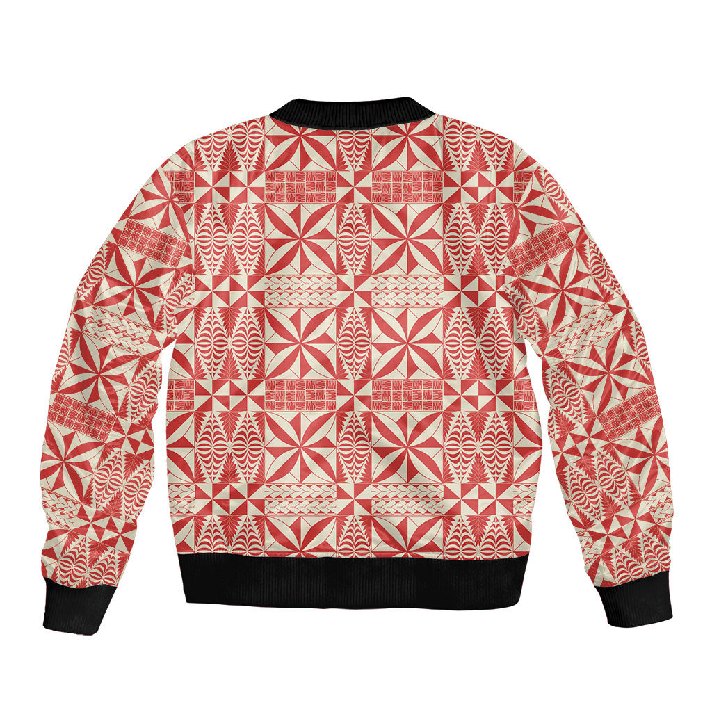 Red Ngatu Pattern Malo e Lelei Tonga Sleeve Zip Bomber Jacket