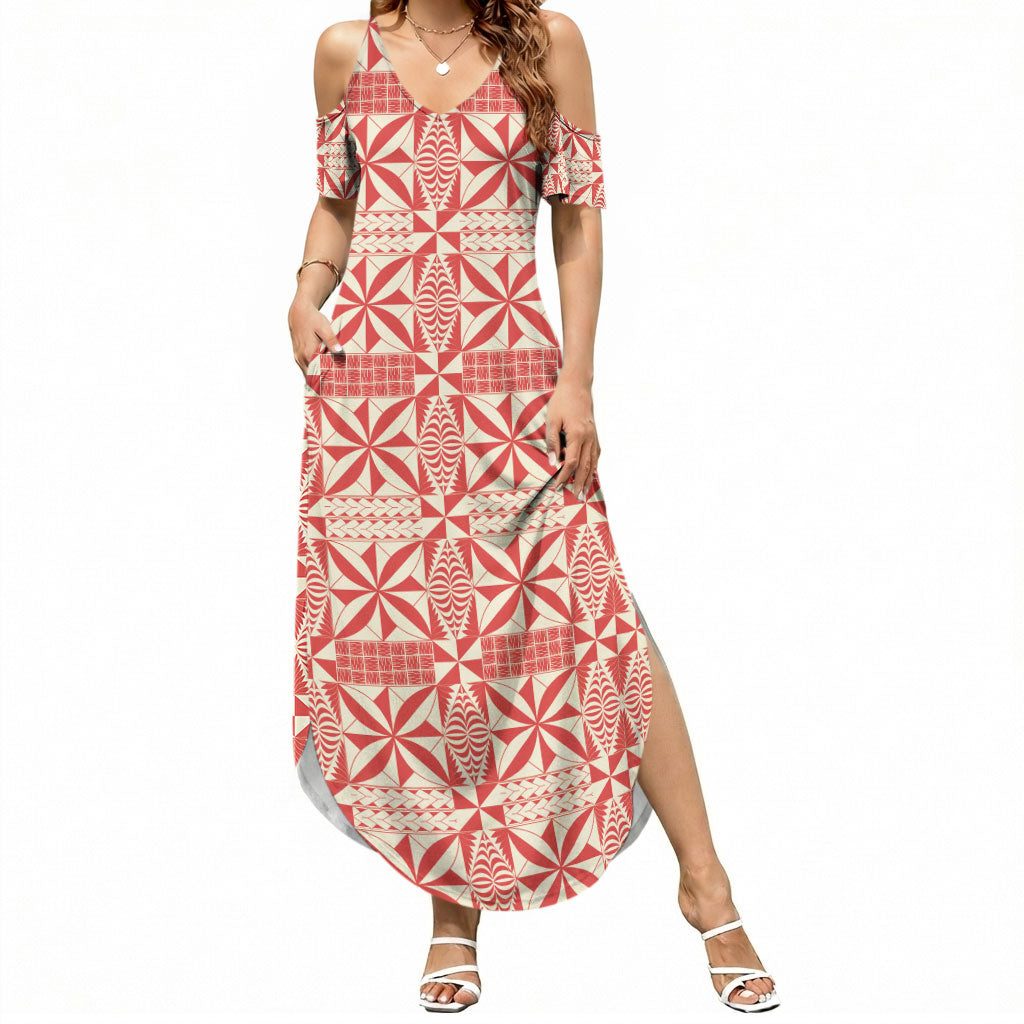 Red Ngatu Pattern Malo e Lelei Tonga Summer Maxi Dress