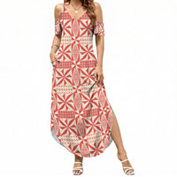 Red Ngatu Pattern Malo e Lelei Tonga Summer Maxi Dress