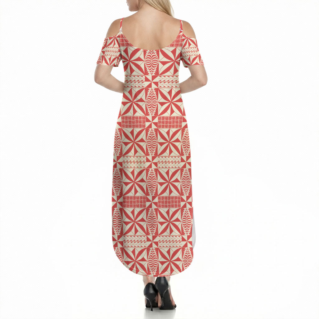 Red Ngatu Pattern Malo e Lelei Tonga Summer Maxi Dress