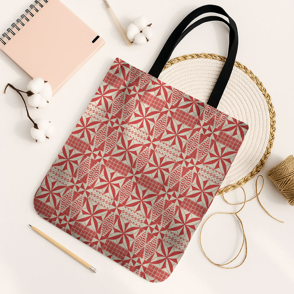 Red Ngatu Pattern Malo e Lelei Tonga Tote Bag LT14 Black Strap One Size Red - Polynesian Pride