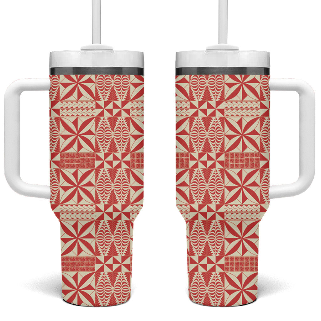 Red Ngatu Pattern Malo e Lelei Tonga Tumbler With Handle LT14 One Size: 40 oz Red - Polynesian Pride