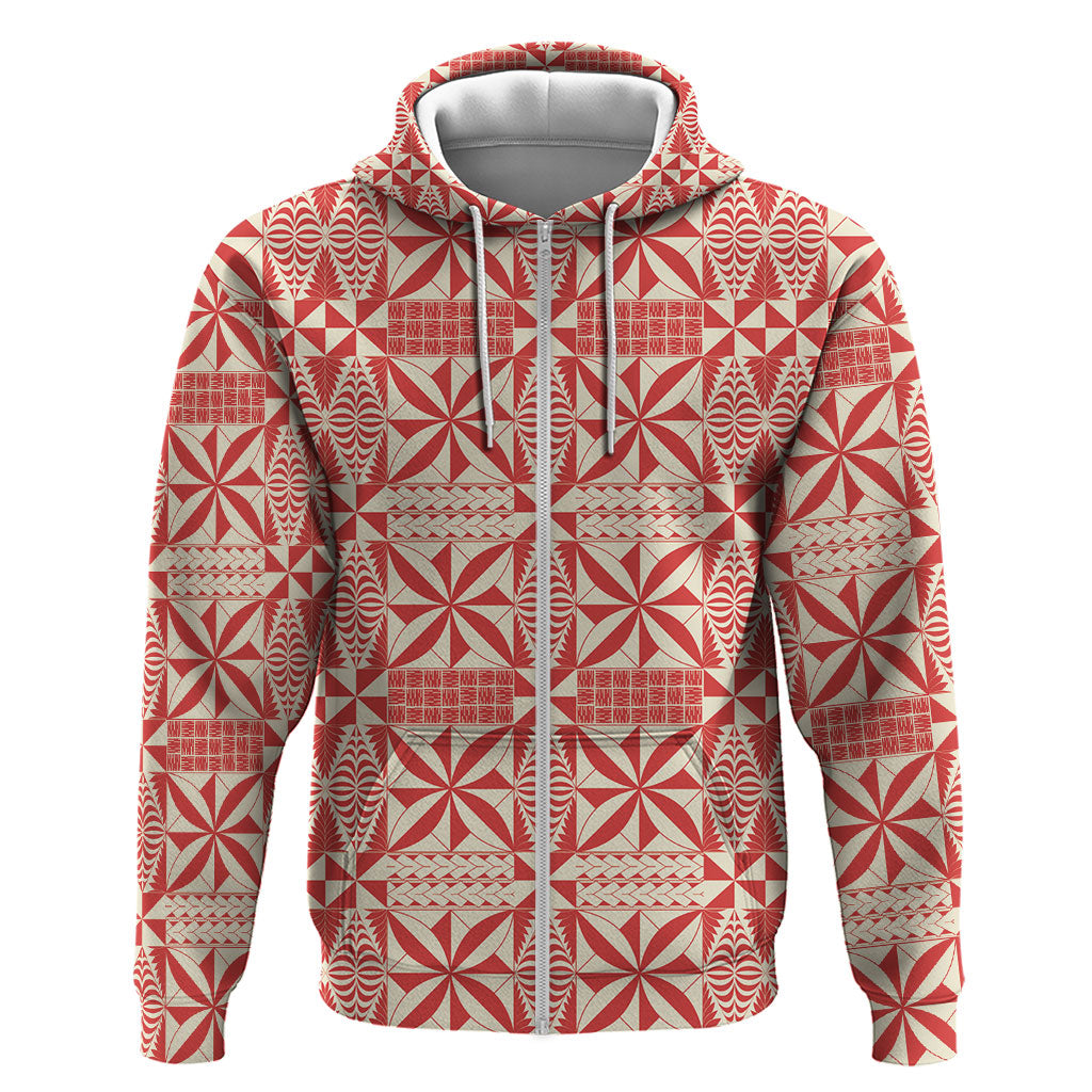 Red Ngatu Pattern Malo e Lelei Tonga Zip Hoodie