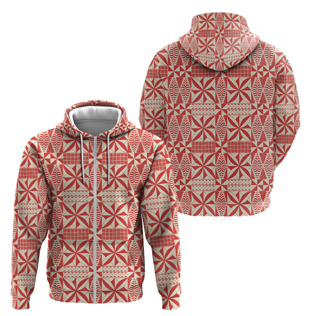 Red Ngatu Pattern Malo e Lelei Tonga Zip Hoodie