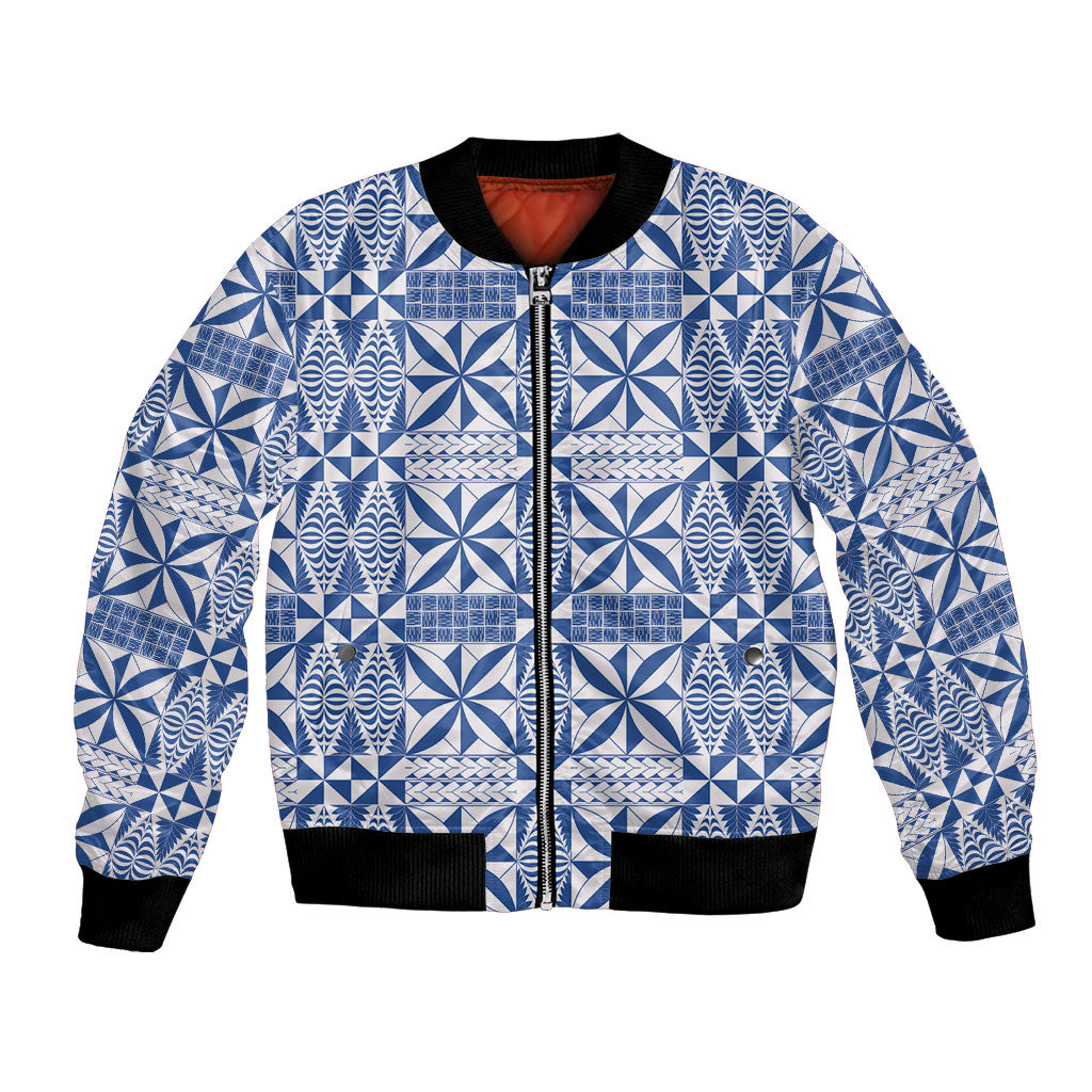 Blue Ngatu Pattern Malo e Lelei Tonga Bomber Jacket LT14 Unisex Blue - Polynesian Pride