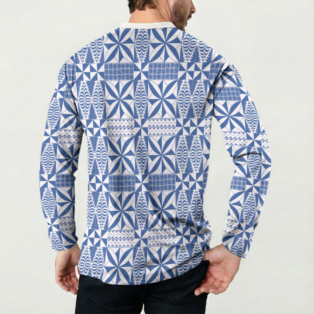 Blue Ngatu Pattern Malo e Lelei Tonga Button Sweatshirt LT14 - Polynesian Pride