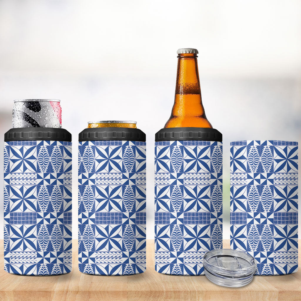 Blue Ngatu Pattern Malo e Lelei Tonga 4 in 1 Can Cooler Tumbler