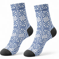 Blue Ngatu Pattern Malo e Lelei Tonga Crew Socks LT14 - Polynesian Pride