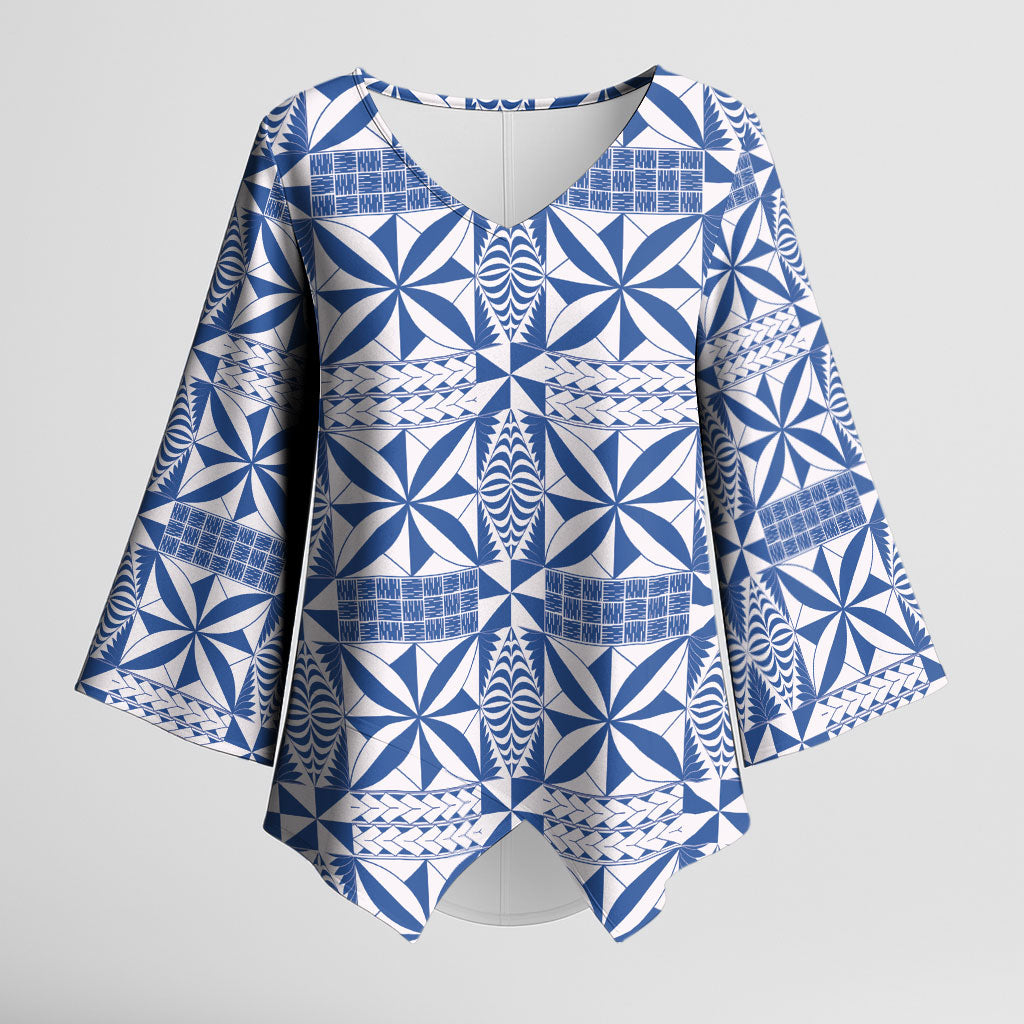 Blue Ngatu Pattern Malo e Lelei Tonga Kimono Sleeve Blouse
