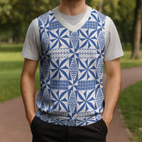 Blue Ngatu Pattern Malo e Lelei Tonga Christmas Knitted V-Neck Vest