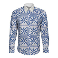 Blue Ngatu Pattern Malo e Lelei Tonga Long Sleeve Button Shirt