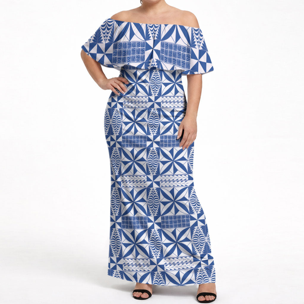 Blue Ngatu Pattern Malo e Lelei Tonga Off Shoulder Maxi Dress