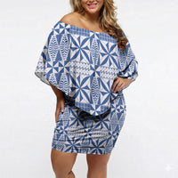 Blue Ngatu Pattern Malo e Lelei Tonga Off Shoulder Short Dress