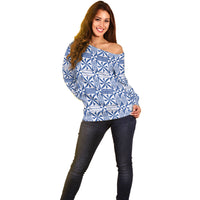 Blue Ngatu Pattern Malo e Lelei Tonga Off Shoulder Sweater