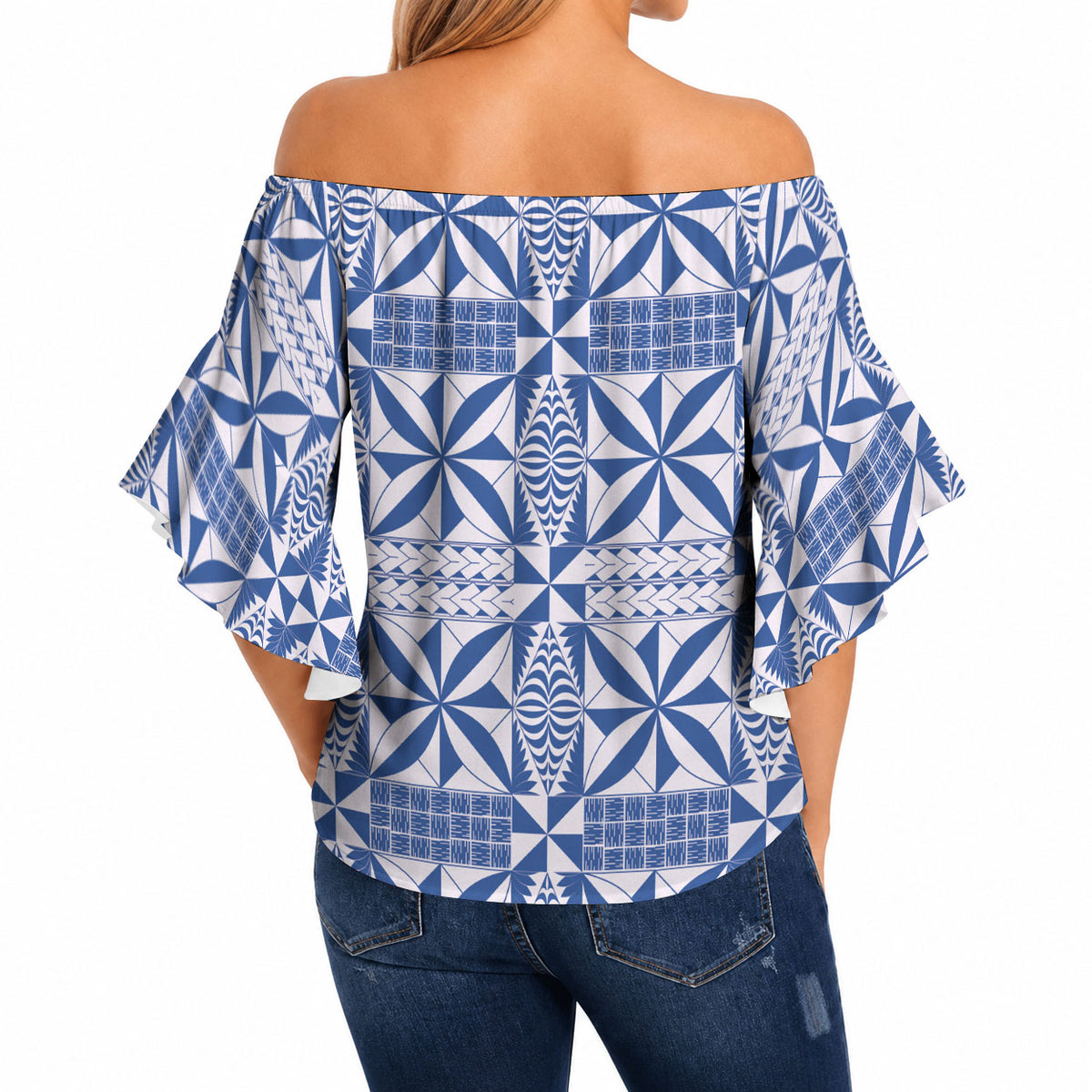 Blue Ngatu Pattern Malo e Lelei Tonga Off Shoulder Wrap Waist Top