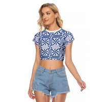 Blue Ngatu Pattern Malo e Lelei Tonga Raglan Cropped T Shirt