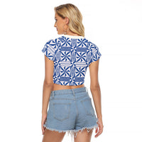 Blue Ngatu Pattern Malo e Lelei Tonga Raglan Cropped T Shirt