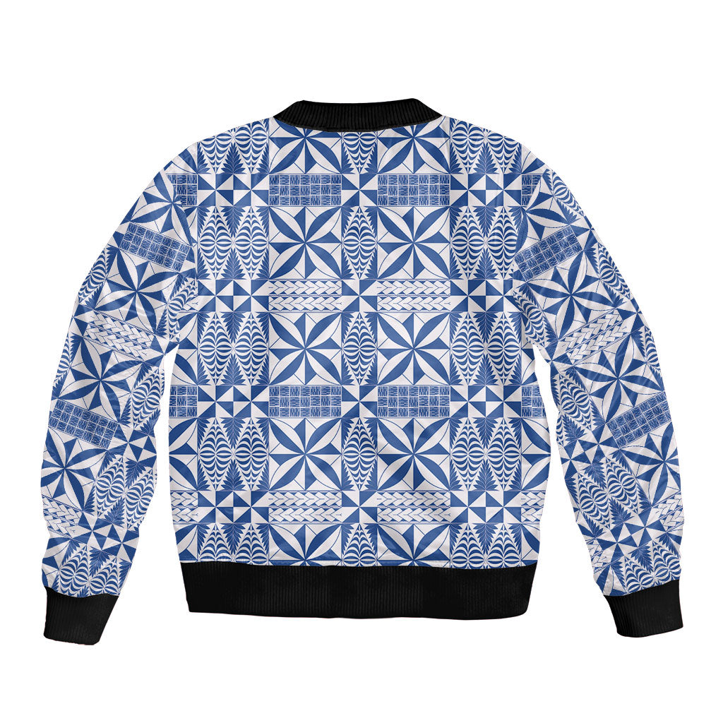 Blue Ngatu Pattern Malo e Lelei Tonga Sleeve Zip Bomber Jacket
