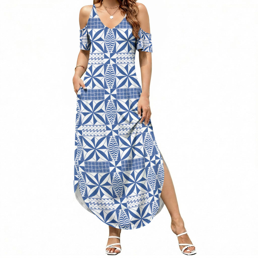 Blue Ngatu Pattern Malo e Lelei Tonga Summer Maxi Dress