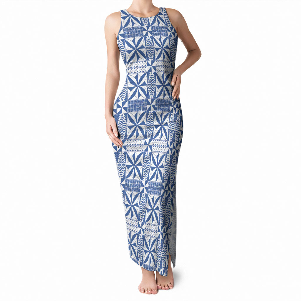 Blue Ngatu Pattern Malo e Lelei Tonga Tank Maxi Dress