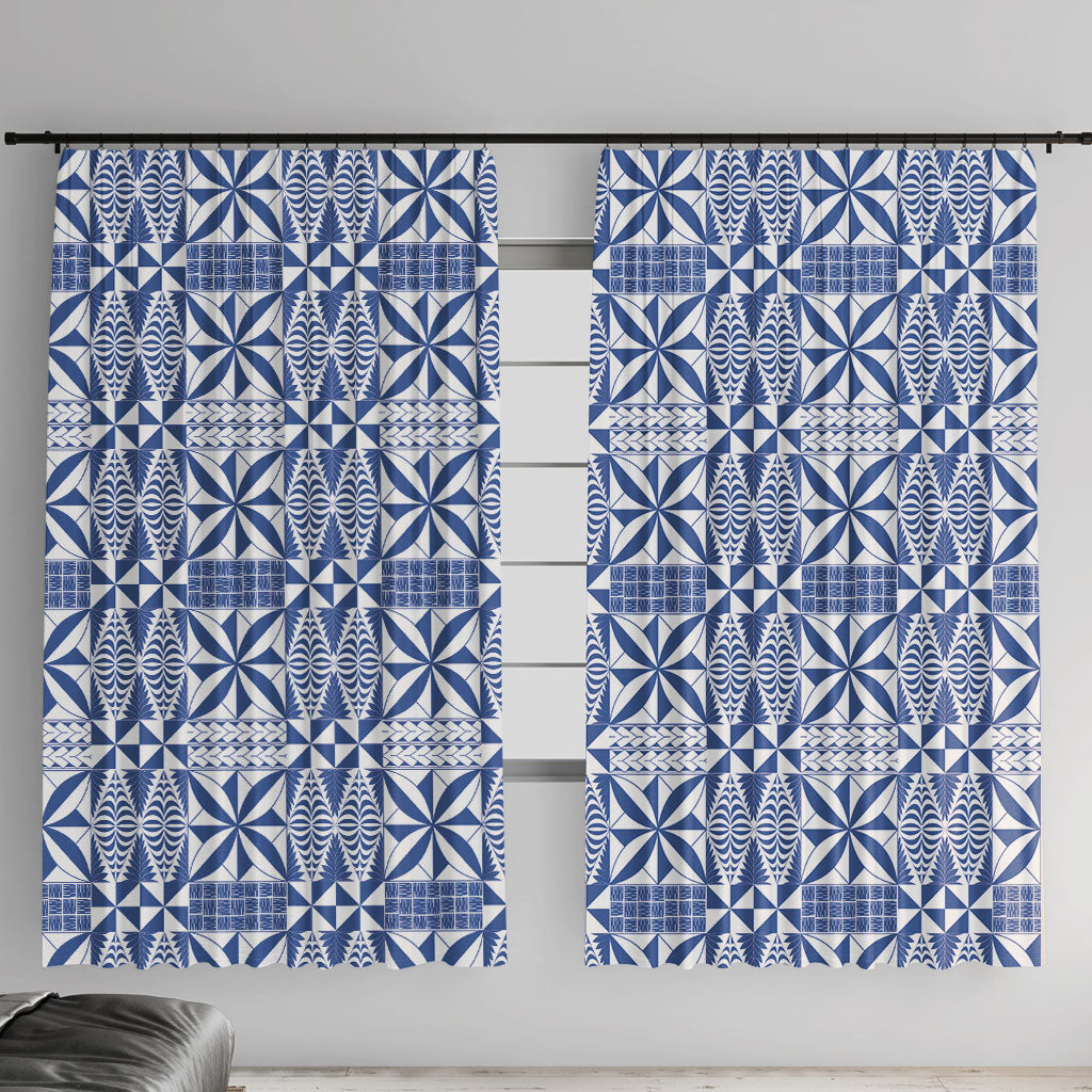 Blue Ngatu Pattern Malo e Lelei Tonga Window Curtain LT14 With Hooks Blue - Polynesian Pride