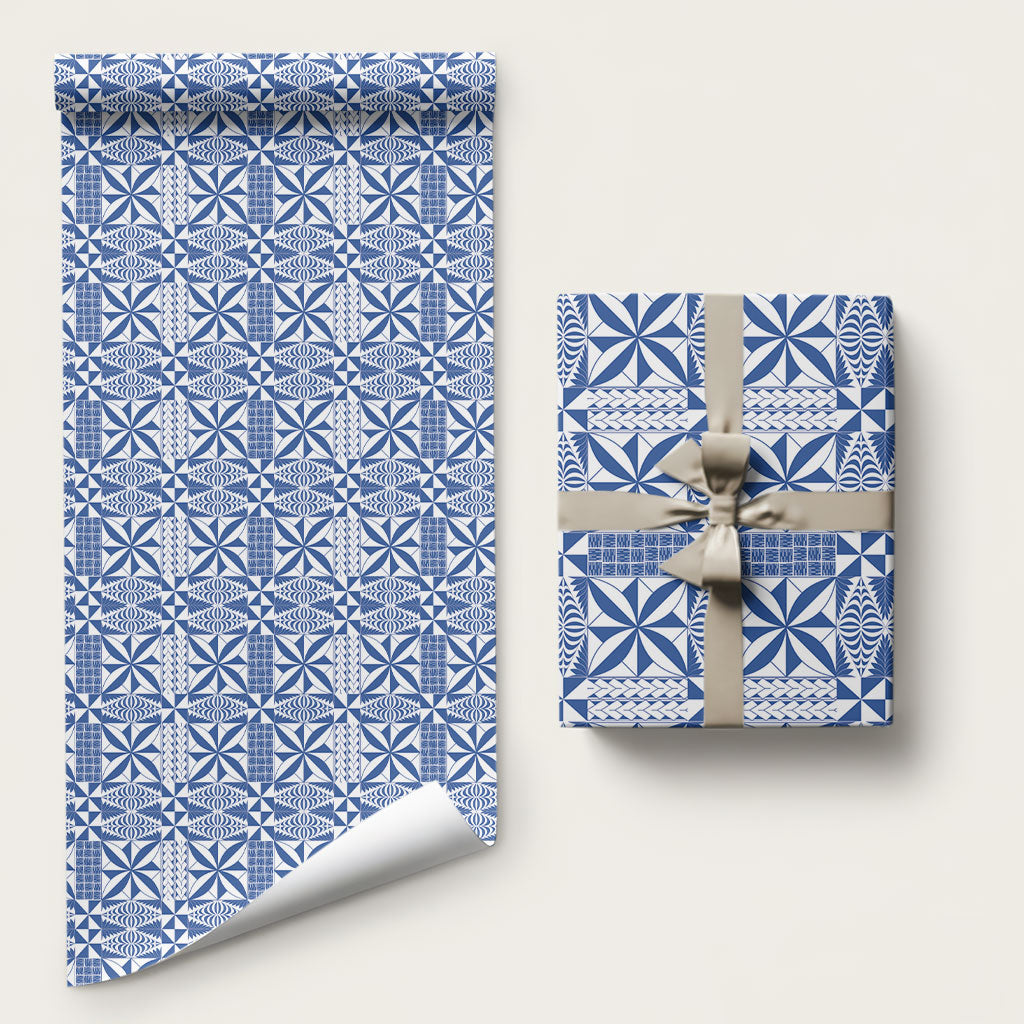 Blue Ngatu Pattern Malo e Lelei Tonga Wrapping Paper