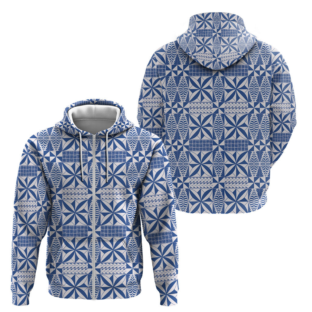 Blue Ngatu Pattern Malo e Lelei Tonga Zip Hoodie