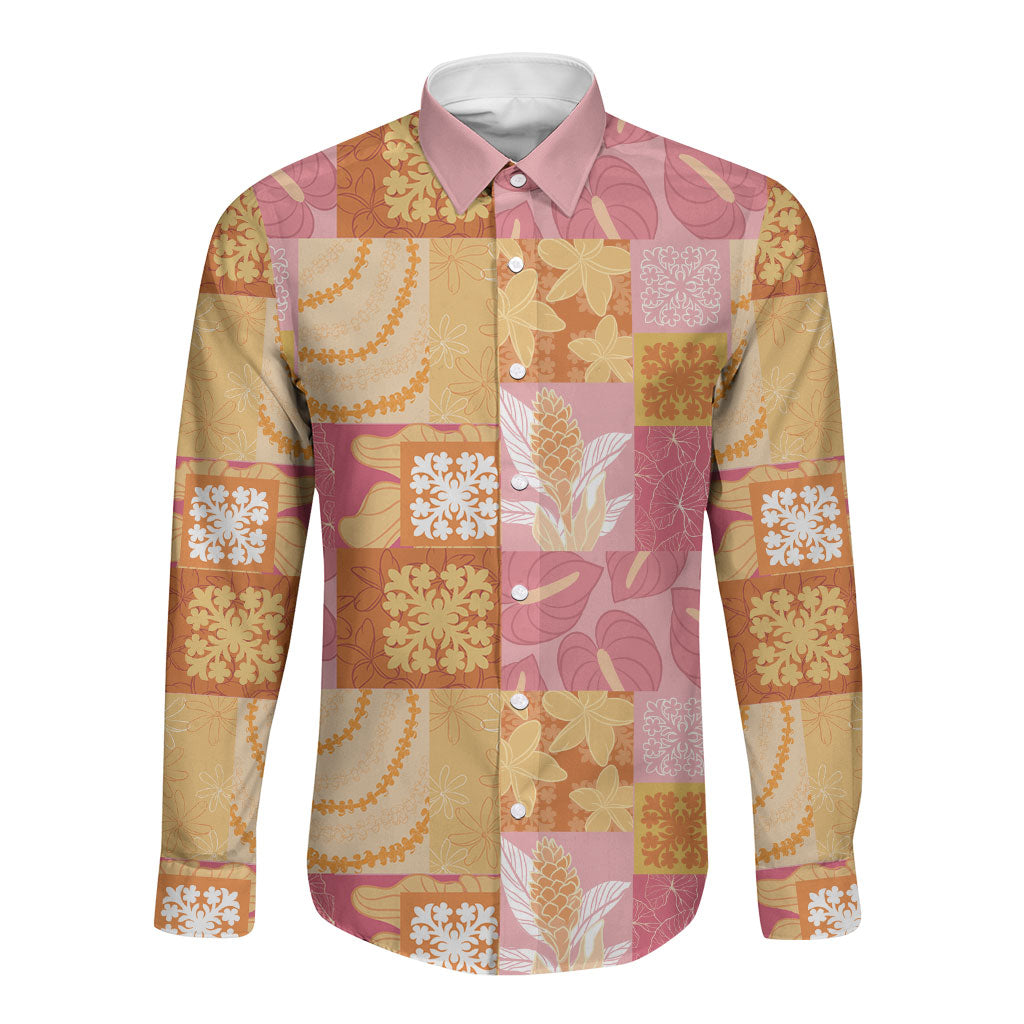 Aloha Hawaii Quilt Floral Patchwork Style Long Sleeve Button Shirt