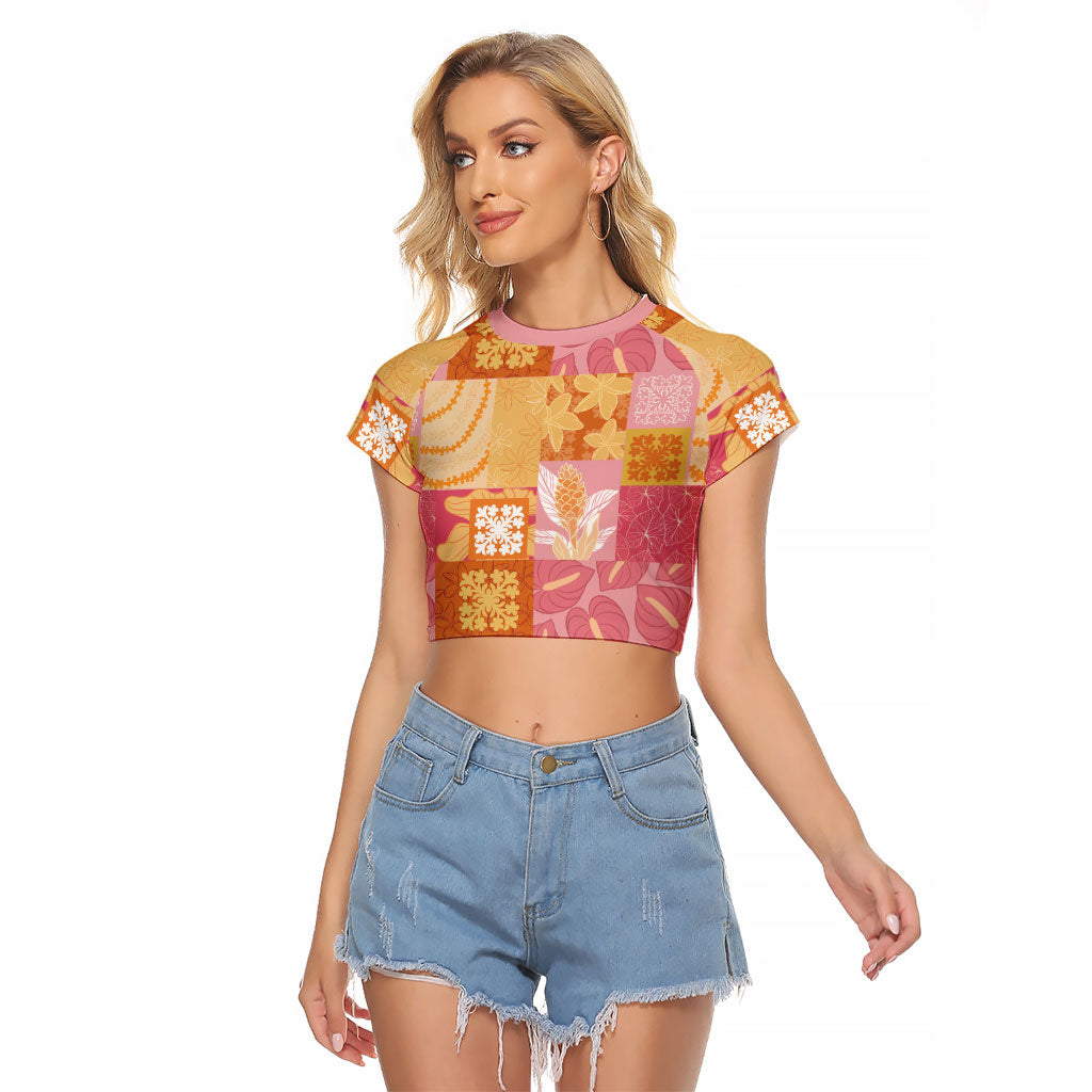 Aloha Hawaii Quilt Floral Patchwork Style Raglan Cropped T Shirt