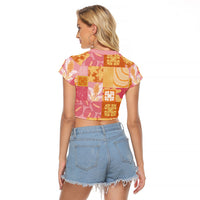 Aloha Hawaii Quilt Floral Patchwork Style Raglan Cropped T Shirt