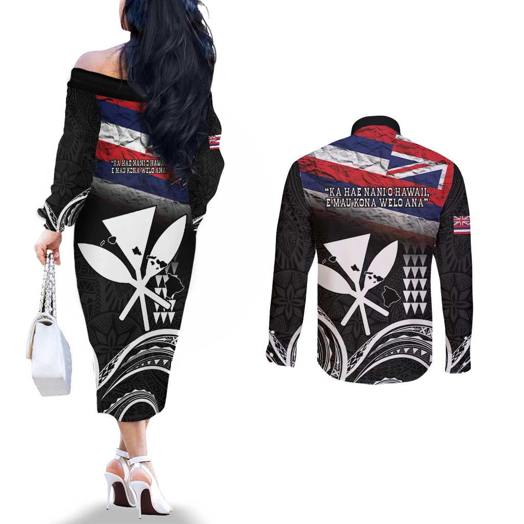 Hawaii Independence Day Couples Matching Off The Shoulder Long Sleeve Dress and Long Sleeve Button Shirt La Kuokoa - Happy 28th November