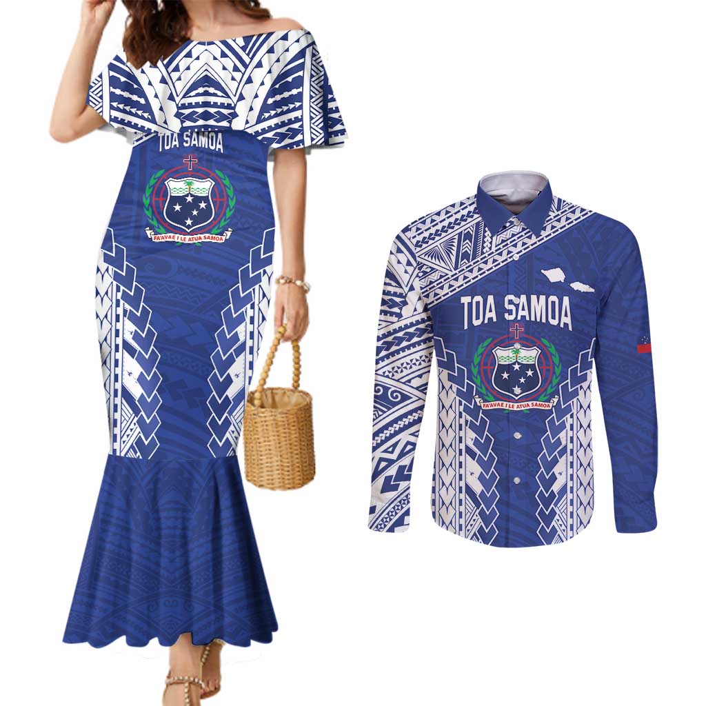 Toa Samoa Rugby Custom Couples Matching Mermaid Dress and Long Sleeve Button Shirt Go Champions Pacific Samoan Pattern - Polynesian Pride