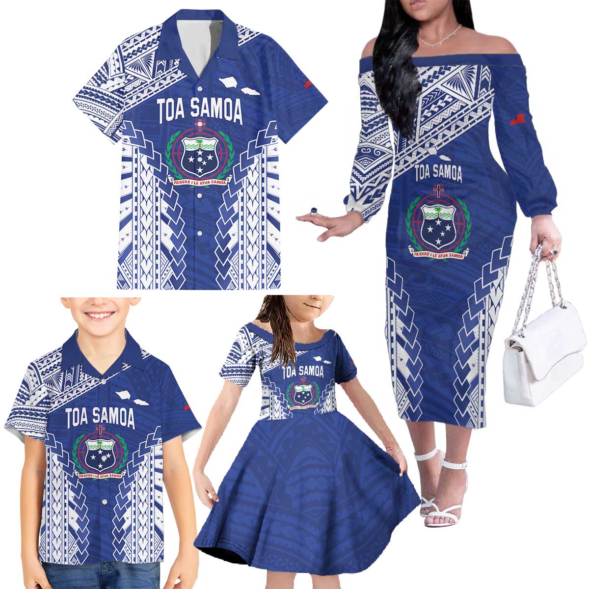 Toa Samoa Rugby Custom Family Matching Off The Shoulder Long Sleeve Dress and Hawaiian Shirt Go Champions Pacific Samoan Pattern - Polynesian Pride