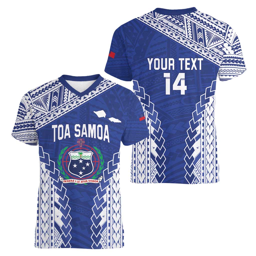 Toa Samoa Rugby Custom Women V-Neck T-Shirt Go Champions Pacific Samoan Pattern - Polynesian Pride
