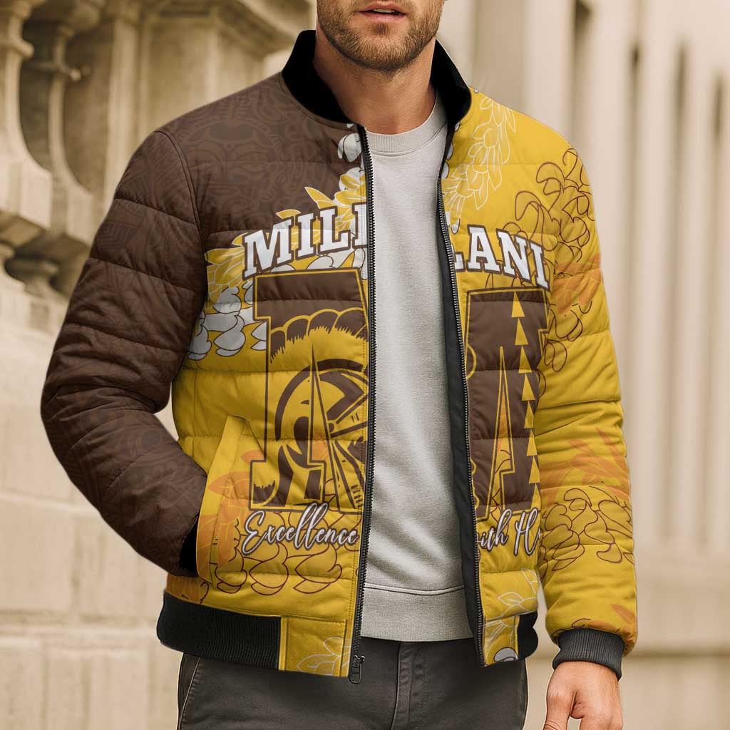 Personalized Mililani Hawaii High School Bomber Puffer Jacket Puakenikeni Lei Hawaiian Pattern - Polynesian Pride