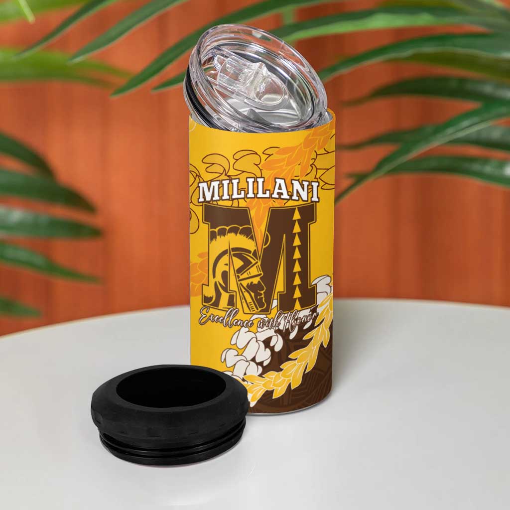 Personalized Mililani Hawaii High School 4 in 1 Can Cooler Tumbler Puakenikeni Lei Hawaiian Pattern - Polynesian Pride