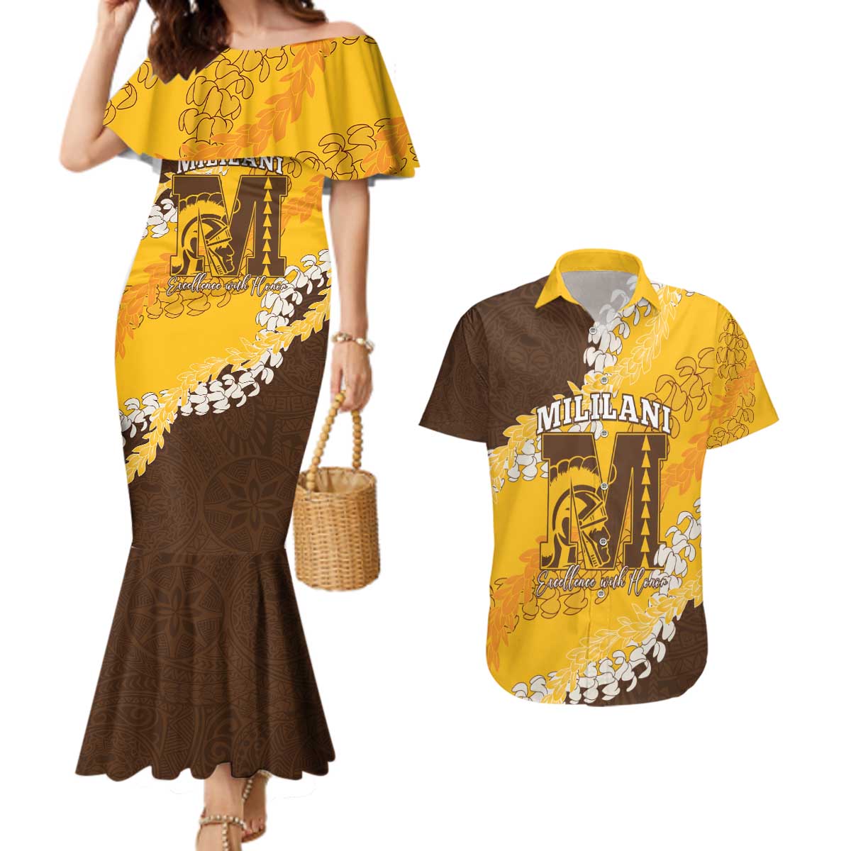 Personalized Mililani Hawaii High School Couples Matching Mermaid Dress and Hawaiian Shirt Puakenikeni Lei Hawaiian Pattern - Polynesian Pride