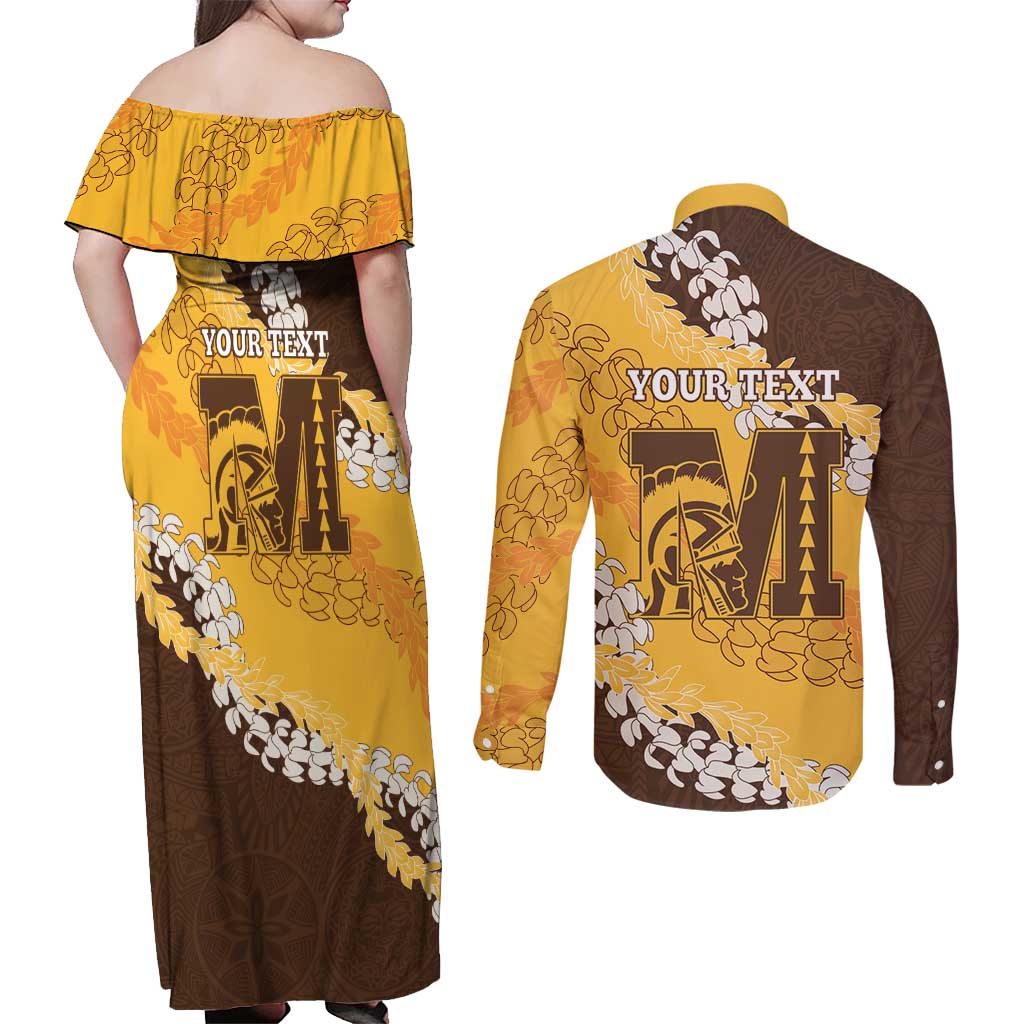 Personalized Mililani Hawaii High School Couples Matching Off Shoulder Maxi Dress and Long Sleeve Button Shirt Puakenikeni Lei Hawaiian Pattern - Polynesian Pride