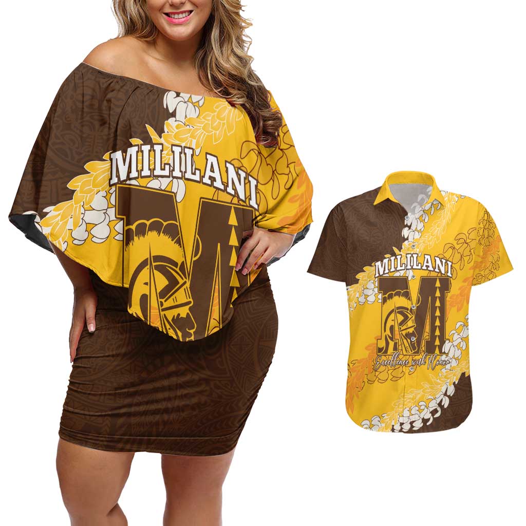 Personalized Mililani Hawaii High School Couples Matching Off Shoulder Short Dress and Hawaiian Shirt Puakenikeni Lei Hawaiian Pattern - Polynesian Pride