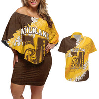 Personalized Mililani Hawaii High School Couples Matching Off Shoulder Short Dress and Hawaiian Shirt Puakenikeni Lei Hawaiian Pattern - Polynesian Pride