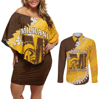 Personalized Mililani Hawaii High School Couples Matching Off Shoulder Short Dress and Long Sleeve Button Shirt Puakenikeni Lei Hawaiian Pattern - Polynesian Pride