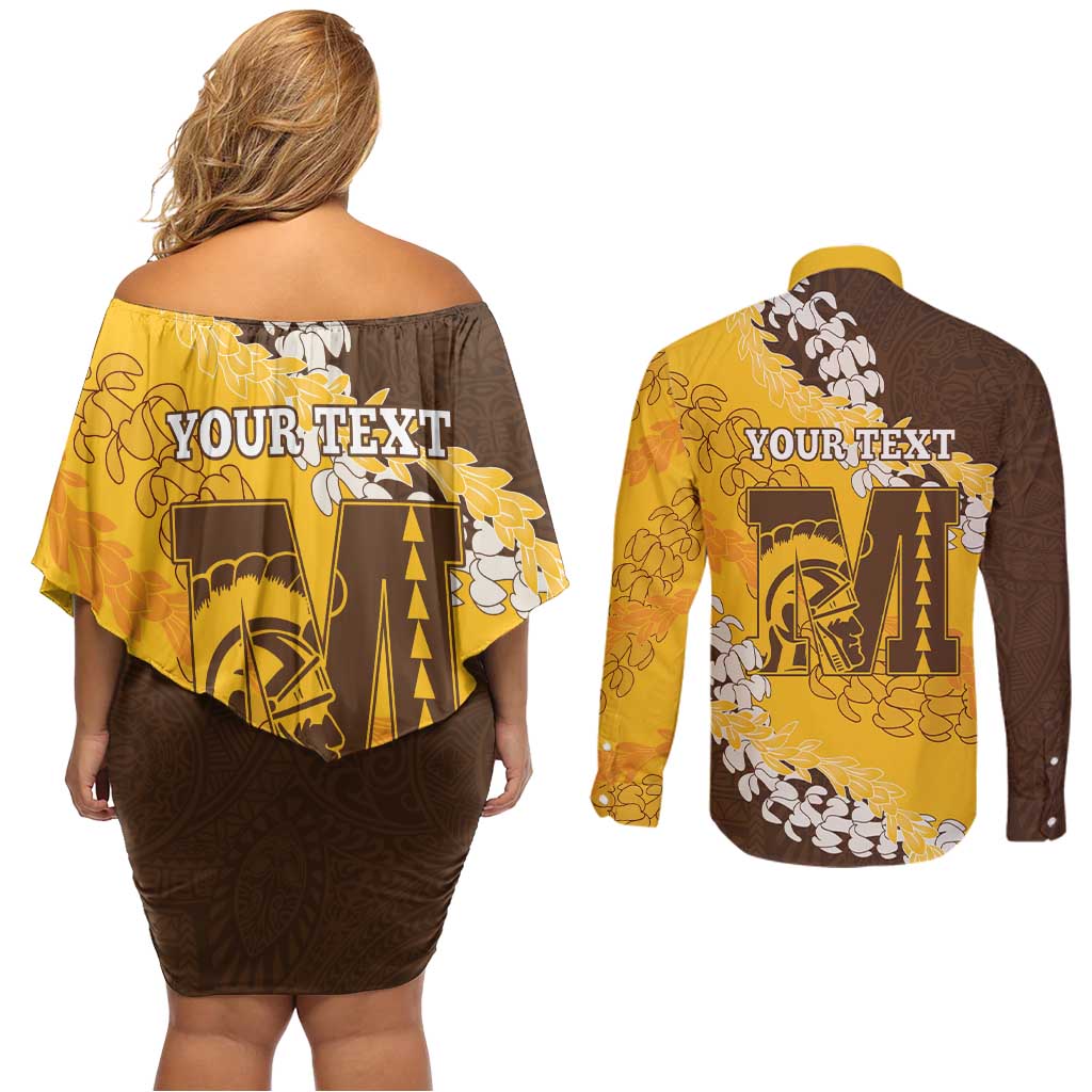 Personalized Mililani Hawaii High School Couples Matching Off Shoulder Short Dress and Long Sleeve Button Shirt Puakenikeni Lei Hawaiian Pattern - Polynesian Pride