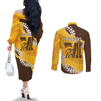 Personalized Mililani Hawaii High School Couples Matching Off The Shoulder Long Sleeve Dress and Long Sleeve Button Shirt Puakenikeni Lei Hawaiian Pattern - Polynesian Pride