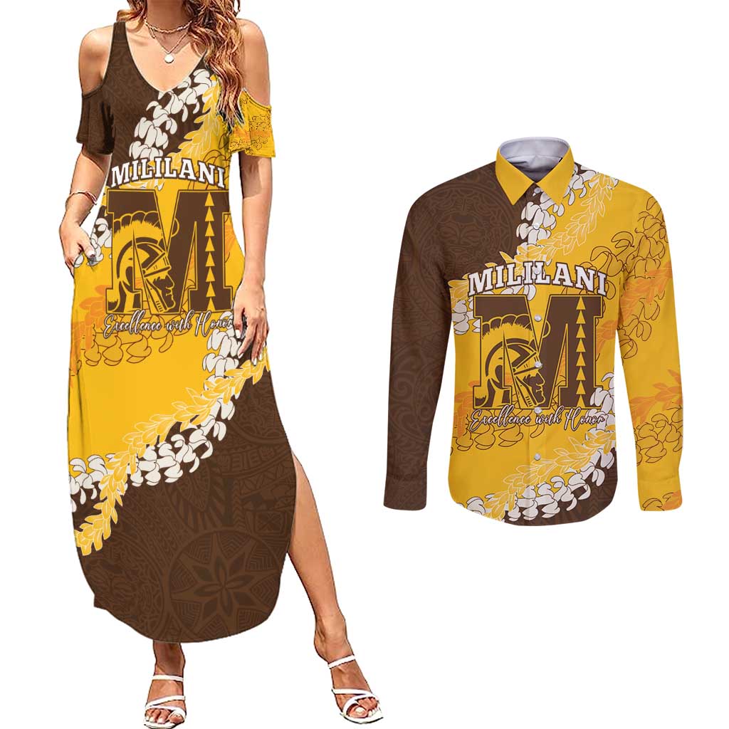 Personalized Mililani Hawaii High School Couples Matching Summer Maxi Dress and Long Sleeve Button Shirt Puakenikeni Lei Hawaiian Pattern - Polynesian Pride