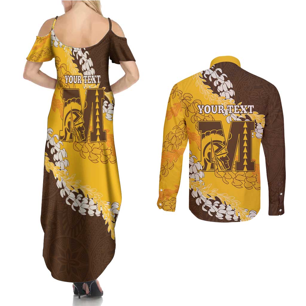 Personalized Mililani Hawaii High School Couples Matching Summer Maxi Dress and Long Sleeve Button Shirt Puakenikeni Lei Hawaiian Pattern - Polynesian Pride