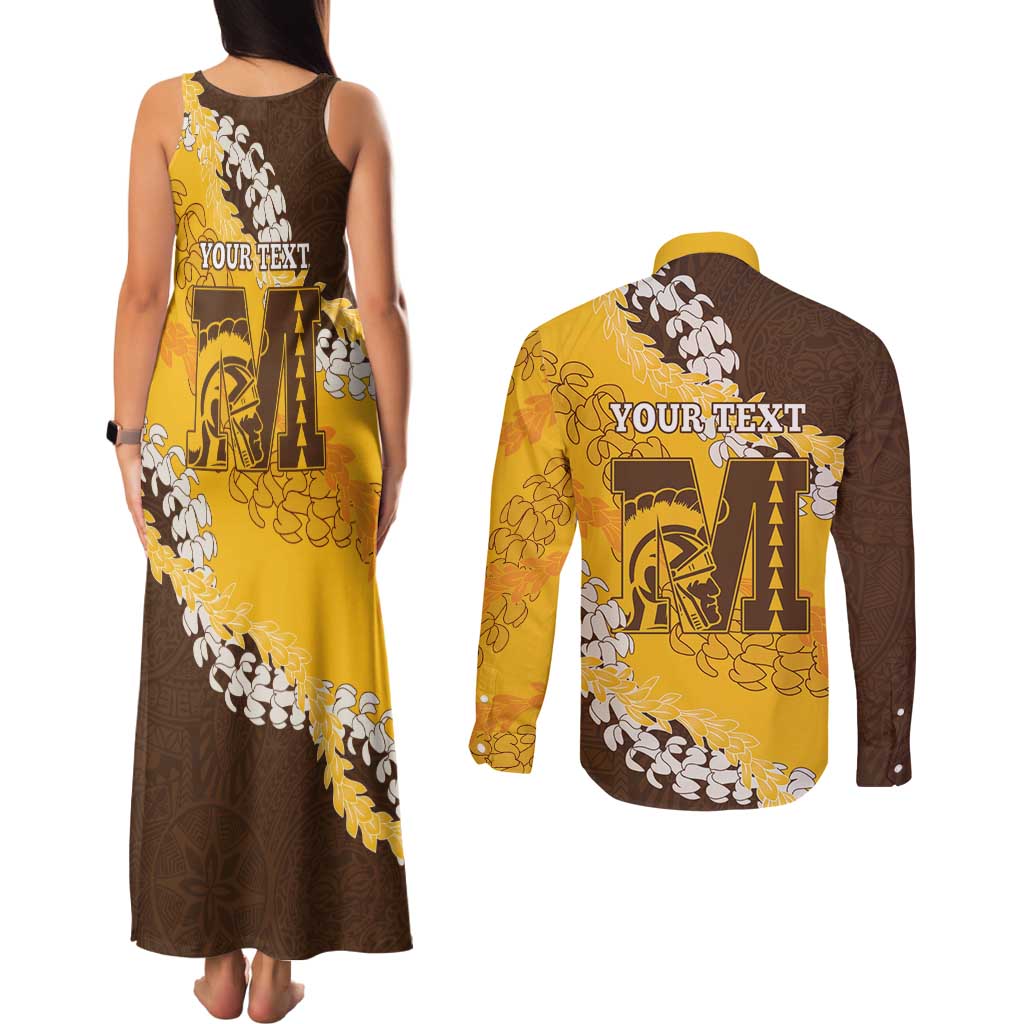 Personalized Mililani Hawaii High School Couples Matching Tank Maxi Dress and Long Sleeve Button Shirt Puakenikeni Lei Hawaiian Pattern - Polynesian Pride