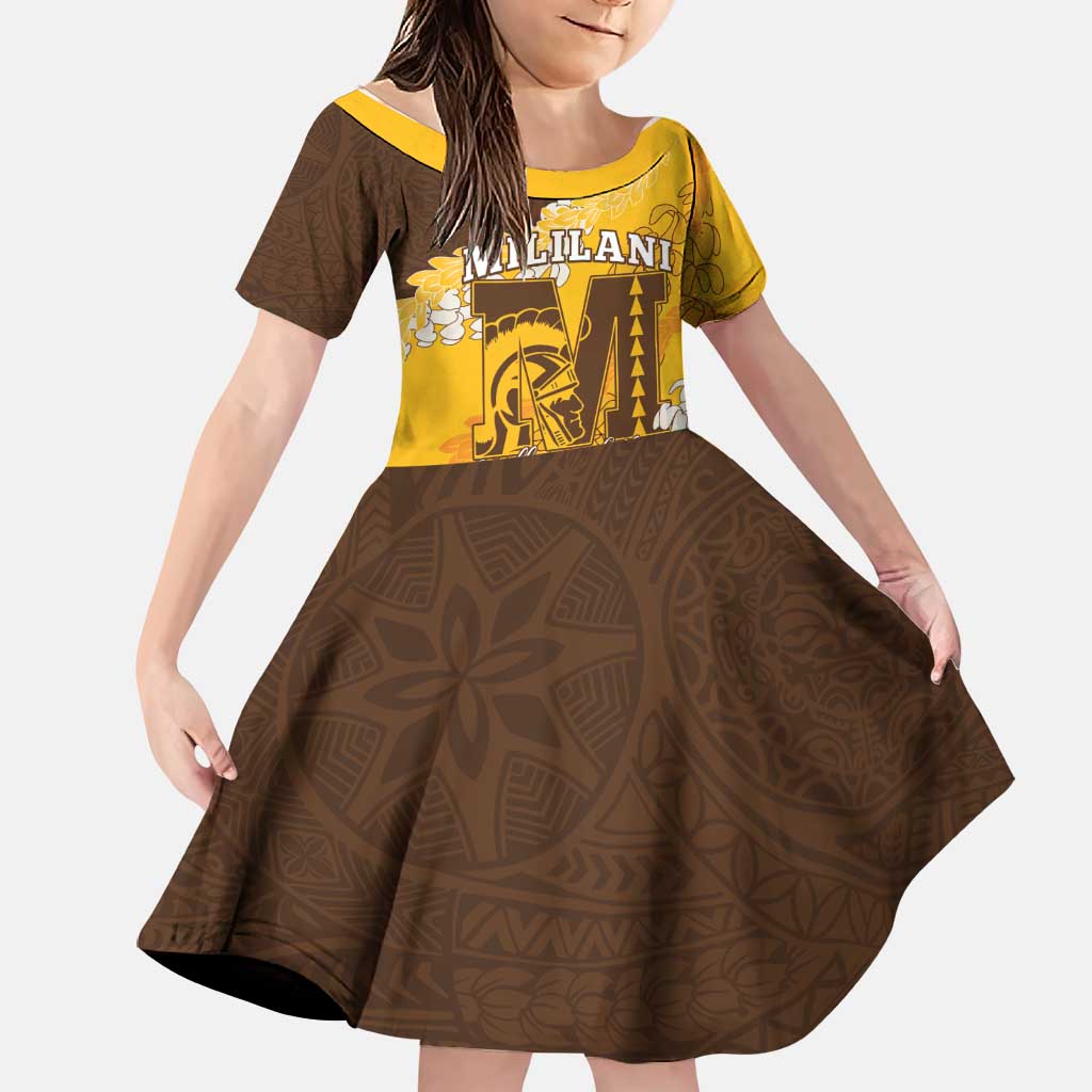 Personalized Mililani Hawaii High School Family Matching Off Shoulder Maxi Dress and Hawaiian Shirt Puakenikeni Lei Hawaiian Pattern LT14 Daughter's Dress Yellow - Polynesian Pride