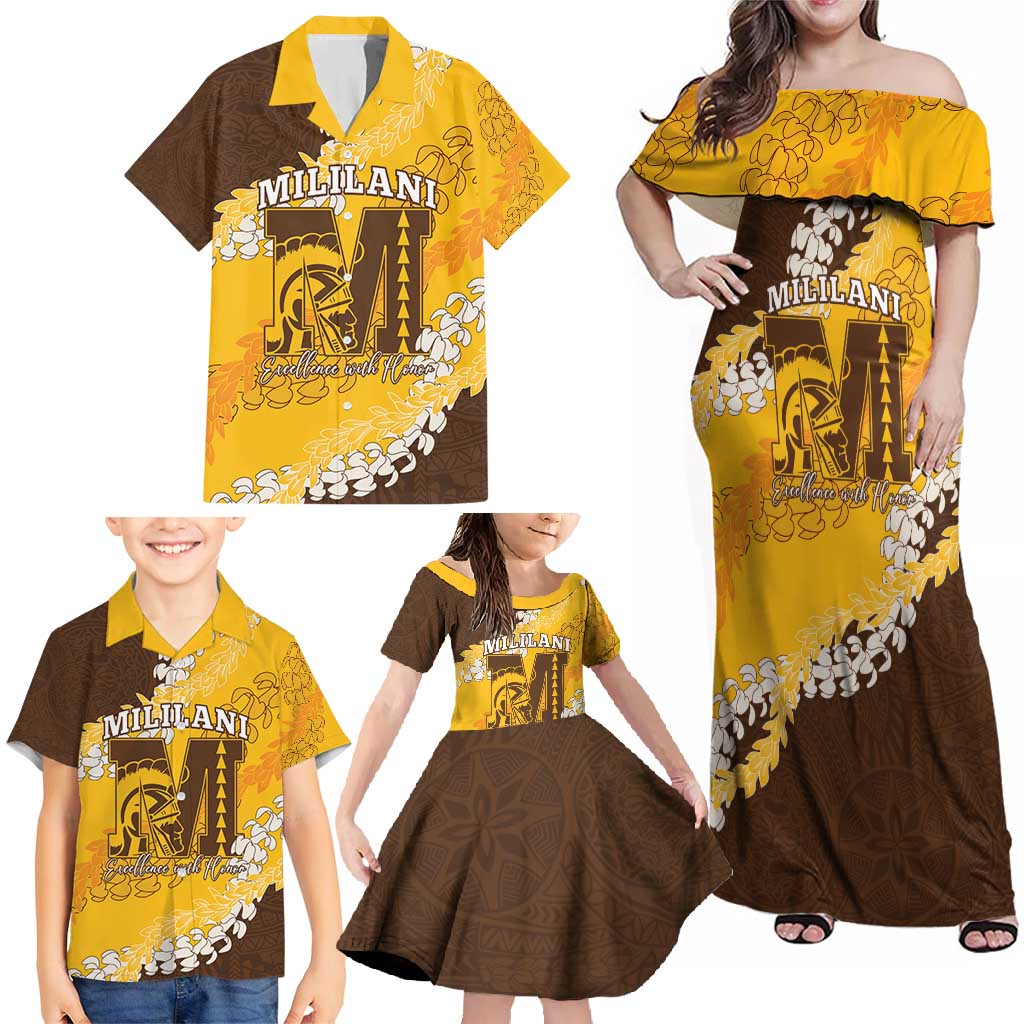 Personalized Mililani Hawaii High School Family Matching Off Shoulder Maxi Dress and Hawaiian Shirt Puakenikeni Lei Hawaiian Pattern - Polynesian Pride