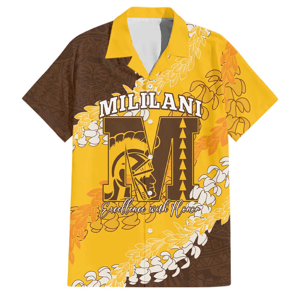 Personalized Mililani Hawaii High School Family Matching Off Shoulder Maxi Dress and Hawaiian Shirt Puakenikeni Lei Hawaiian Pattern LT14 Dad's Shirt - Short Sleeve Yellow - Polynesian Pride